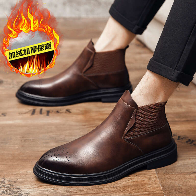 Large size cotton Block carved 2023 winter new British high top workwear leather shoes for men