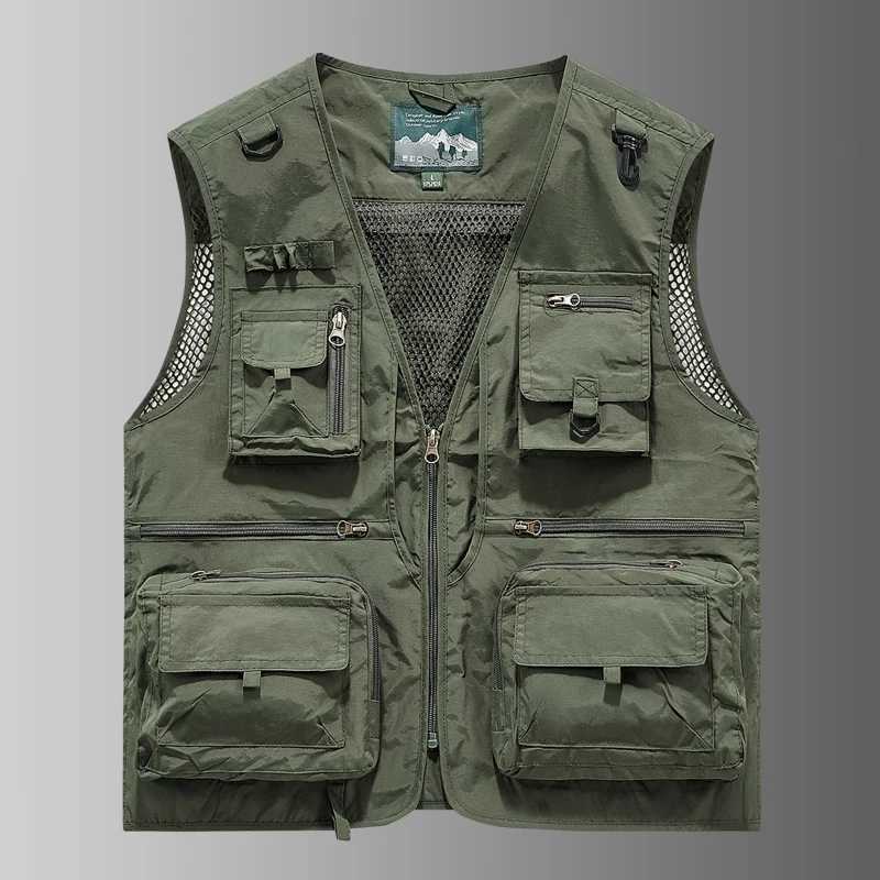 2025 New Mens Leisure Vest Solid Color Tooling Style Waistcoat Thin Fishing Hiking Multi-Pocket Casual Loose Vest for Men X250403
