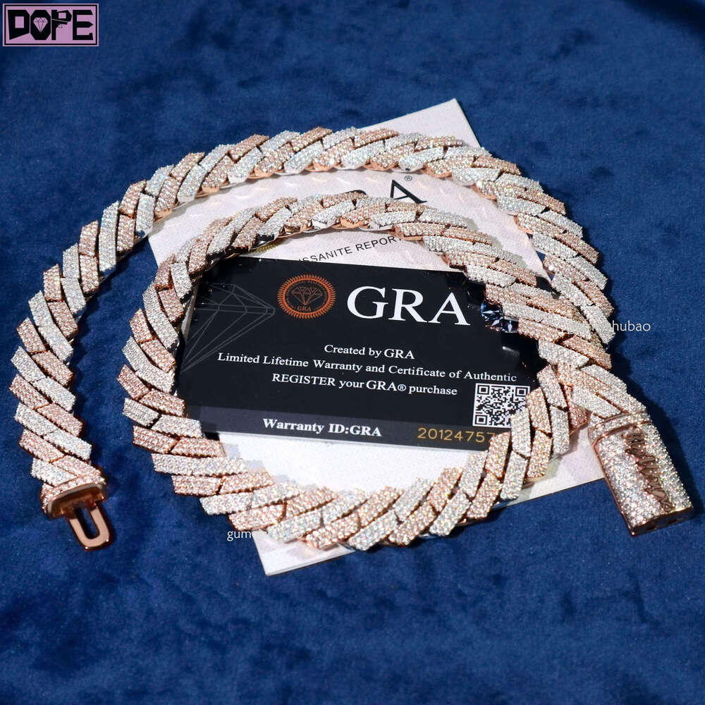 15mm Iced Out Sier 3 Rows Two Tone Moissanite Cuban k Chain