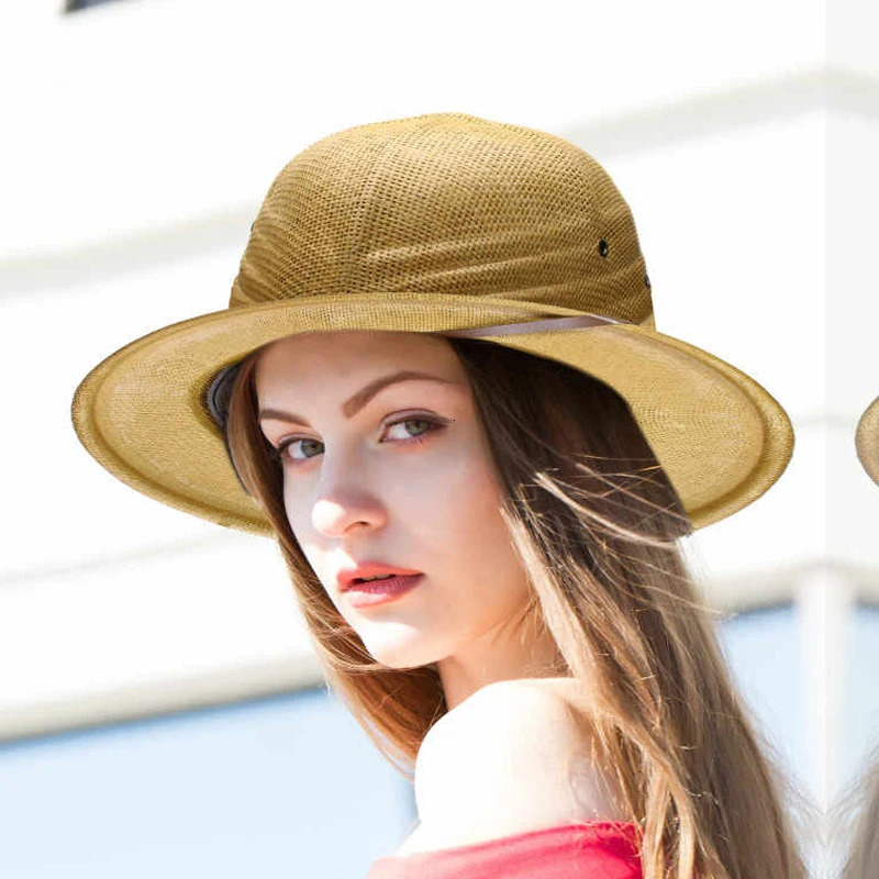 100% Straw Helmet Pith Sun Summer Vieam War Army Hat Dad Boater Bucket Hats Safari Jungle Miners Cap -Fishing Hiking Gard 250326
