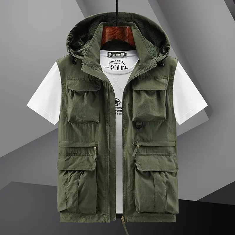 Spring New Outdoor Hooded Fishing Vest Mens Solid Breathable Multi-Pocket High Quality Vest Coat Detachable Hat Sports Vest Male X250403