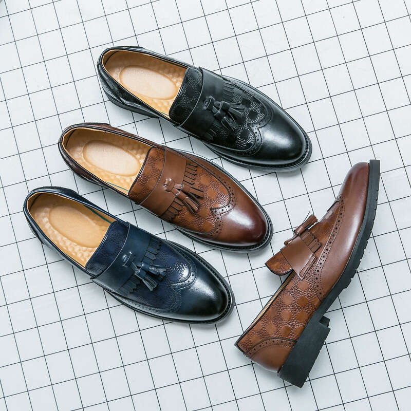 Large size tassel leather for men, 2024 Spring and Autumn new business dress square grid men's shoes, groom's wedding shoes