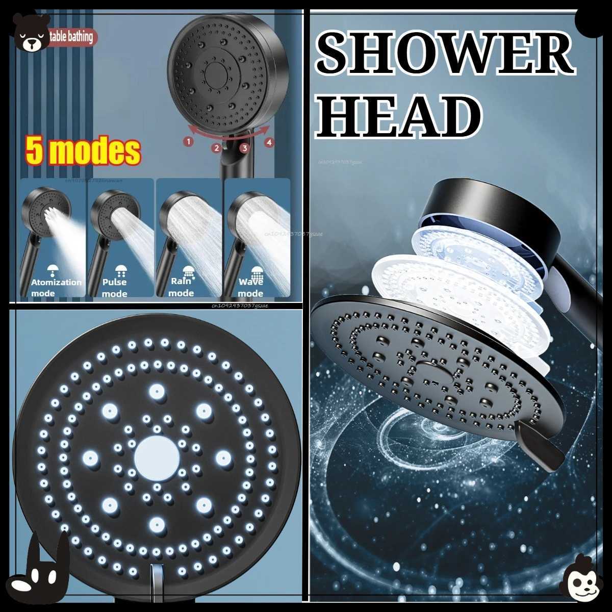 Black 5 Modes Shower Adjustable High Pressure Water Saving Shower Water Massage Shower Bathro Accessories Y251103qw