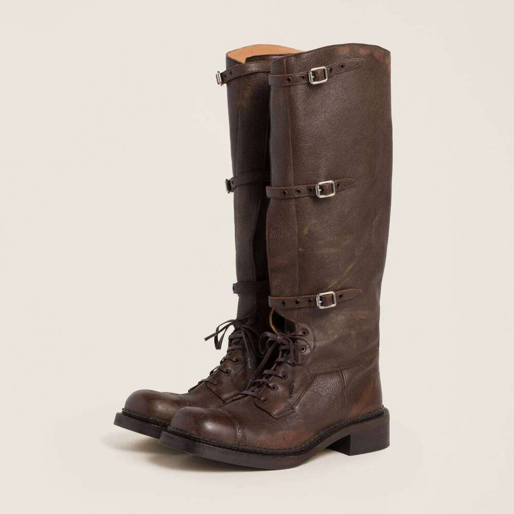 Arden Furtado Autumn platform Lace Up Knight Round toe Pull-on Chunky Heels Belt buckle Knee high boots Motercycle Boots