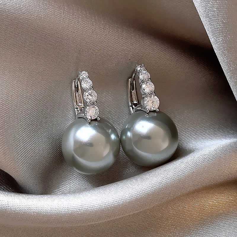 Autumn And Winter Vintage Light Luxury Zircon Grey Pearl Earrings For Women Fashion Elegant Crystal Jewelry Party Gifts Y250401