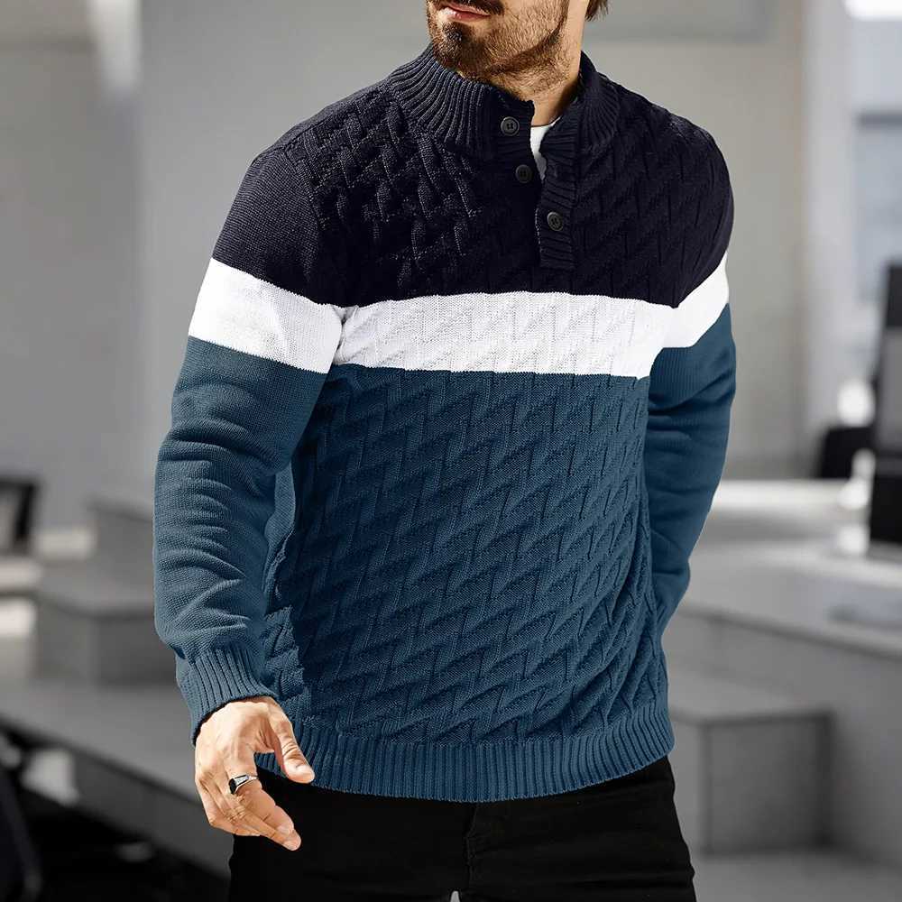 Mens Sweater Autumn Warm Contrasting Color Shawl Collar Pullover Long Sleeve Fit Casual Cable Knit Tops US SizeT251103