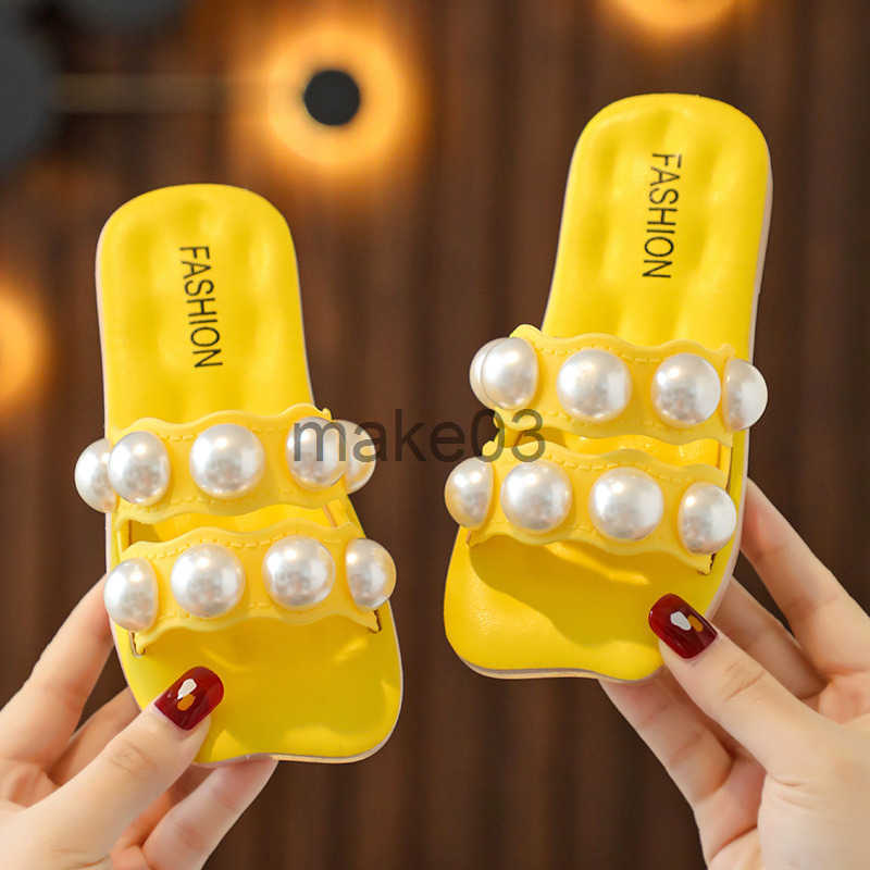 Korean version parent-child slippers girls sandals fashionable and versatile big pearl sweet and soft bottom household and home four season slippers J