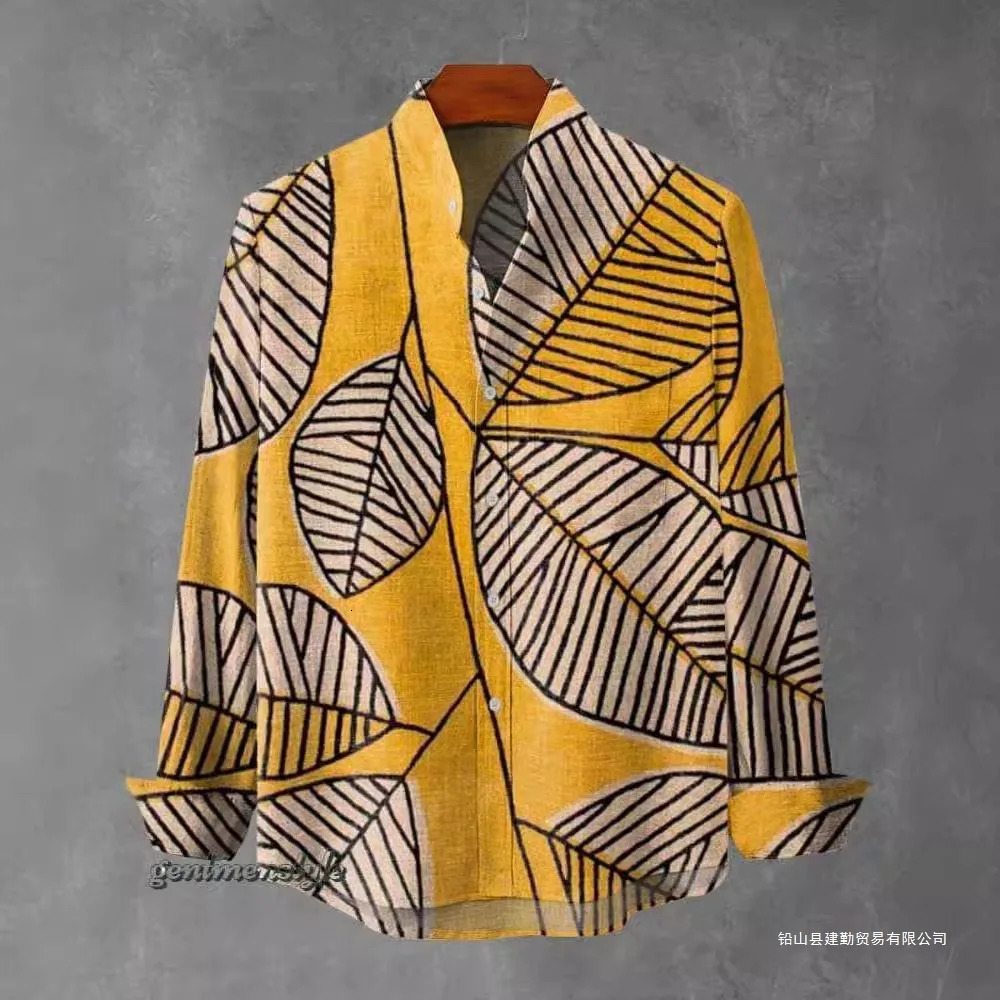 2025 SpringSummer Mens Fashion Stand Collar Linen Long Sleeve Elegant Fragmented Pattern Printed Top 250403