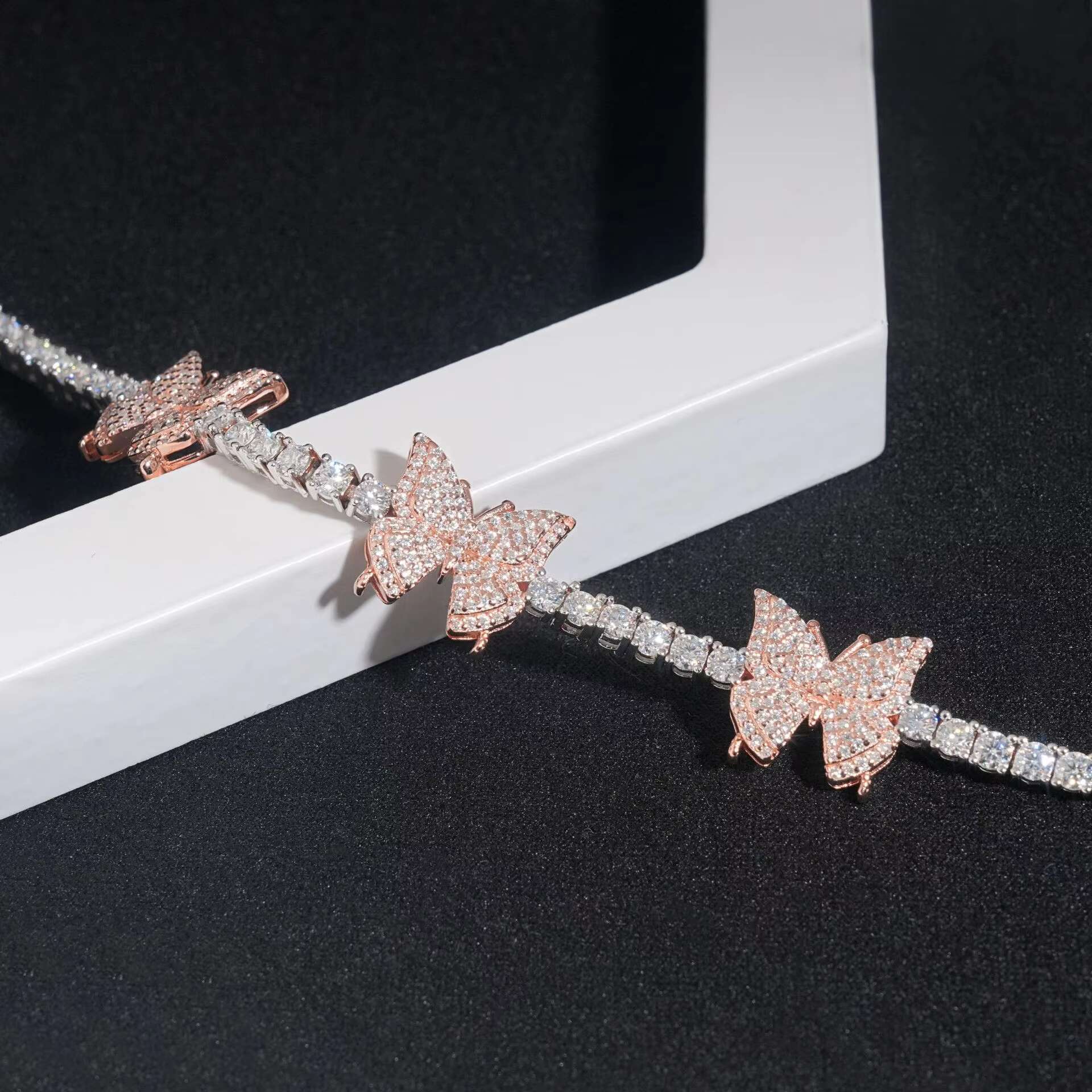 Trendy 925 Sterling Silver Iced VVS 3mm Moissanite Diamond Tennis Chain Bracelet Rose Gold Butterfly Design Fine Jewelry