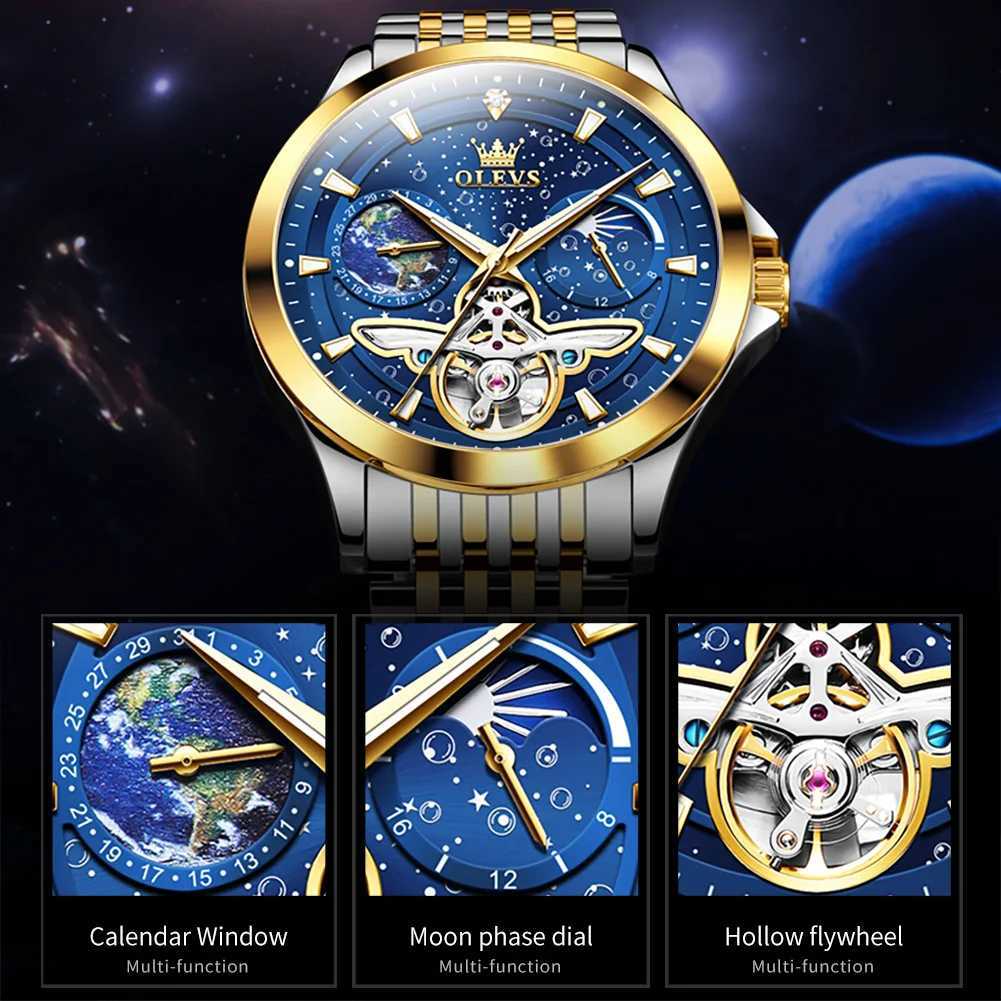 OLEVS Luxury Brand Mens Watches Luminous Waterproof Fully Automatic Mechanical Watch Starry Sky Dial Moon Phase Hollow OutW251104