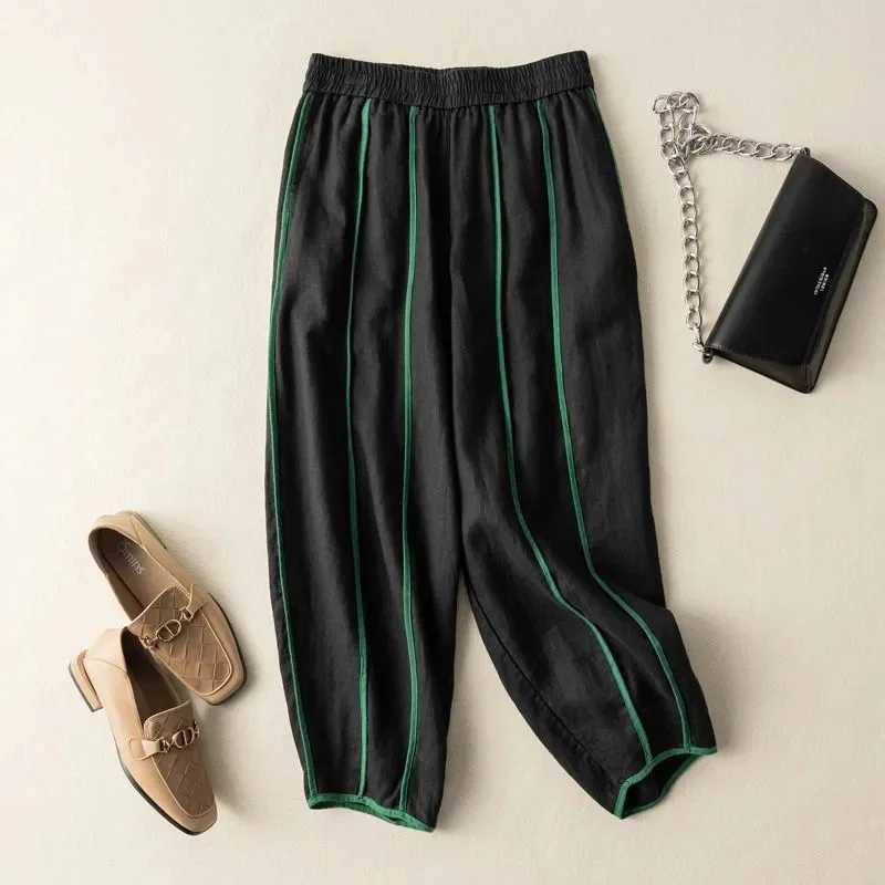Bright Line Decoration Elastic High Waist Bloomers loose wide leg womens pants Korean fashion ankle length womens pants 2025XJ250403