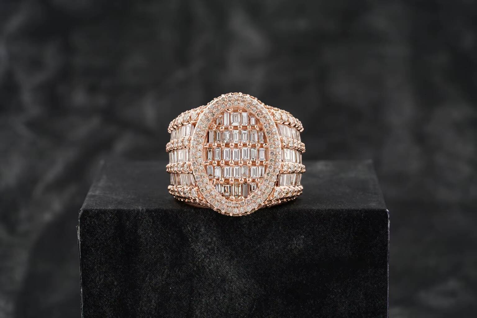Sparkling Moissanite Hip Hop Ring in 14k Rose Gold for Men Featuring VVS Clarity Round and Baguette Cut Diamonds