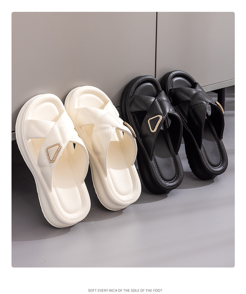 Free shipping 2025 slippers women sandals thick sole non slip Square buckle rhinestone double strap slippers beach outdoor indoor daily