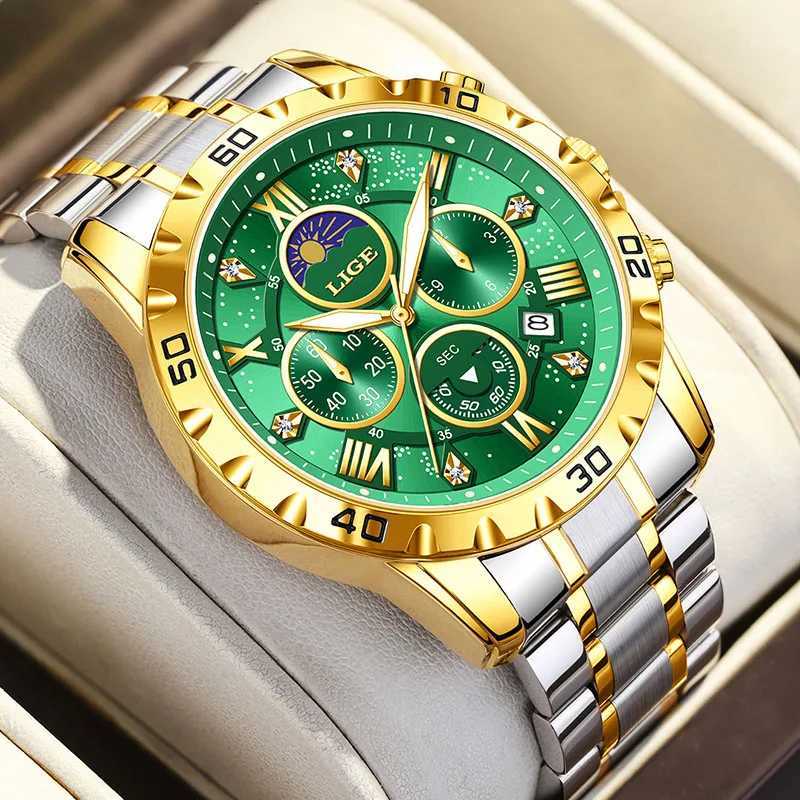LIGE New 24 Hour Moon Phase Men Watch Fashion Business Watch Men Top Brand Luxury Luminous Waterproof Quartz Chronograph MaleW251104