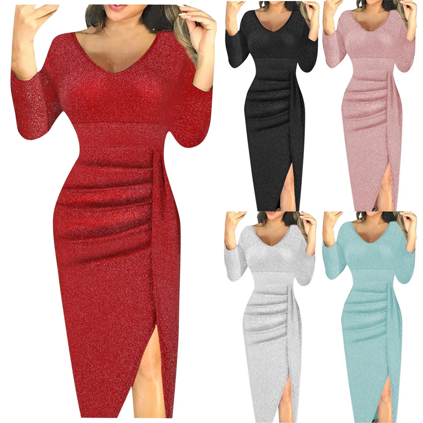 Womens sexy Vneck Ruched Bodycon Midi dress solid color sequin sparkling pleated split evening party 250403e