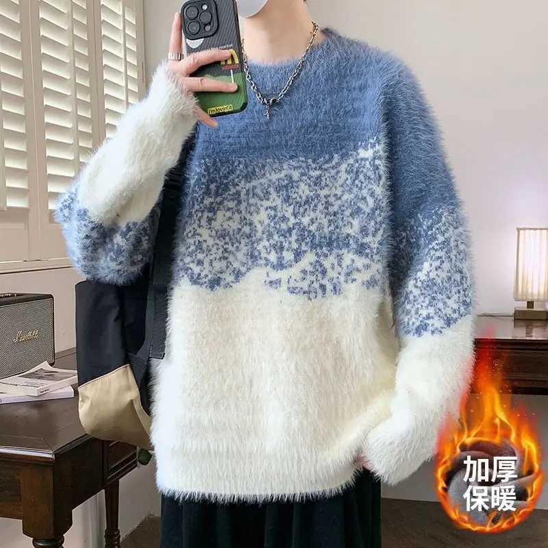 Autumn Winter Mens O Neck Sweater Knitwear Warm Imitation Mink Hair Pullover Loose Gradient Color Casual Plush Thicken SweaterT251103