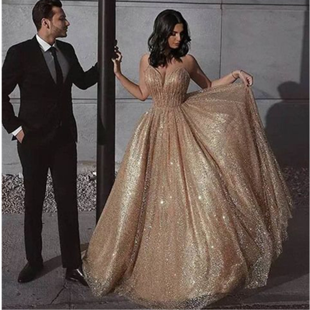 Sexy Gold Evening Dresses V Neck Sleeveless Sparkly Sequins Lace Celebrity Prom Dresses Custom Made Vestidos de novias