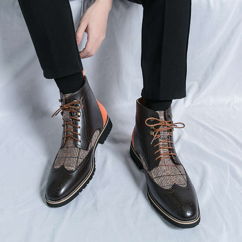 Large size men's leather 2024 spring new fashionable British style high top trend Chelsea boots