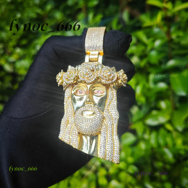 Hip Hop Moissanite Paved Bling Ice Out Rose Flower JESUS PIECE Pendants Necklaces for Men Rapper Jewelry Gold Silver Color