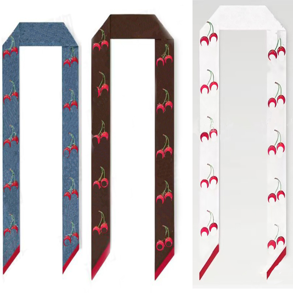 2025 High-End Designer 100% Silk Cherry Ribbon Print Scarf Bag Ties Necktie Long Narrow Scarf Bag strap hair tie Cherry Blossom