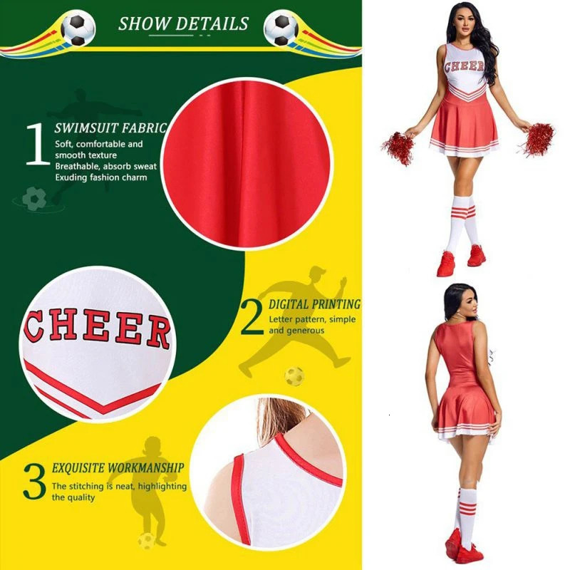 Women Cheerleading Uniform Sleeveless Dance Costume Adults Cheerleader Outfit Round Neckline Letter Print Dress Flower And Socks 250403