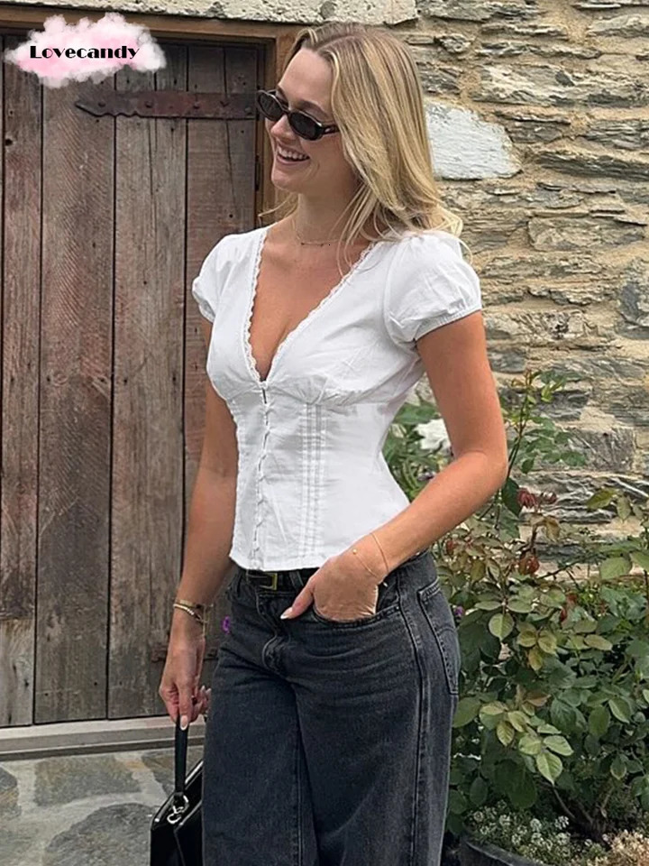 2025 sexy summer solid top fashion deep Vneck lace patch work short sleeved ultrathin womens shirt streetwear 250402m