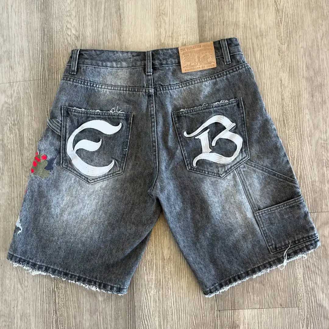 American fashion embroidered denim shorts Harajuku hip-hop street denim shorts fashion street Y2k denim shorts mens clothingXJ250403
