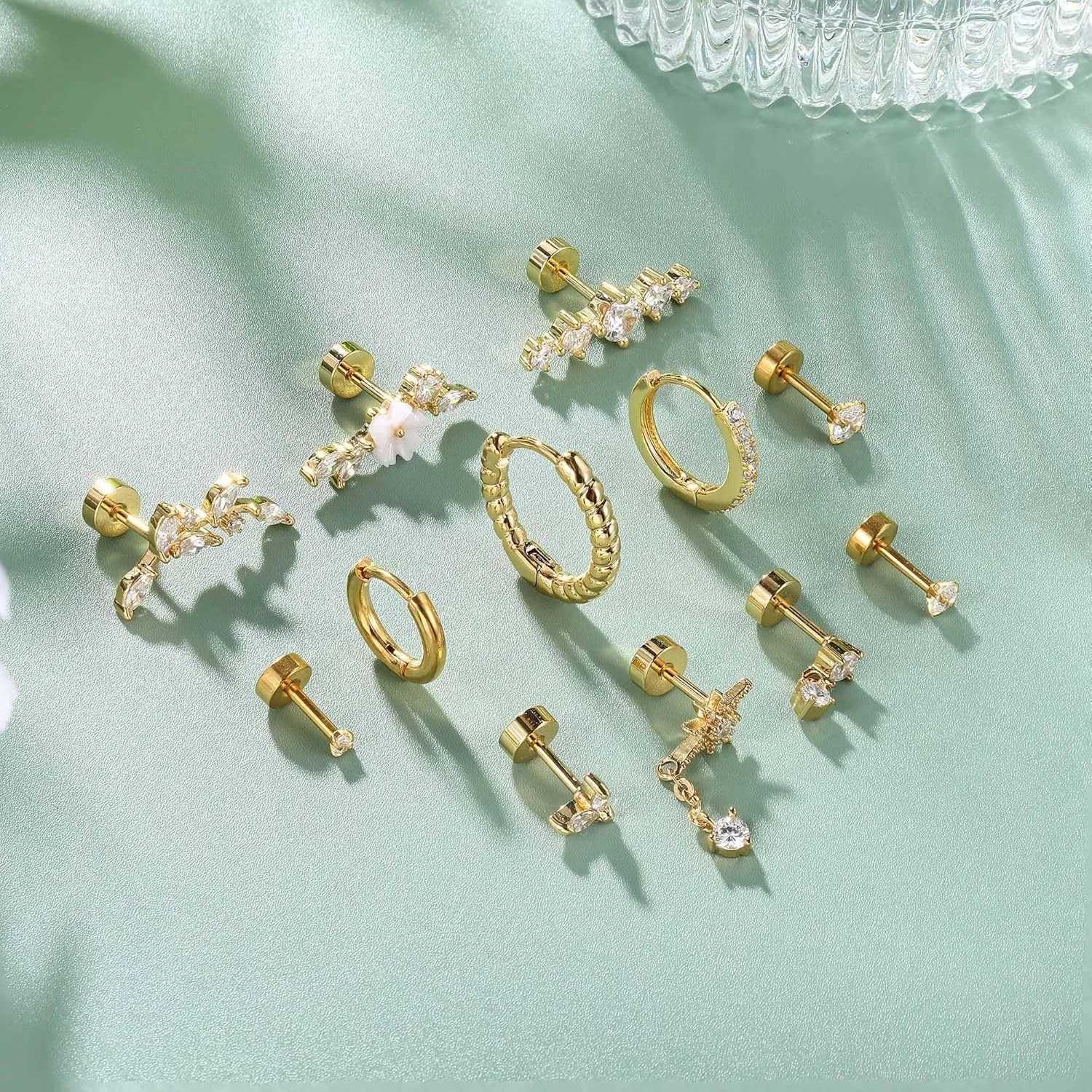 Drperfect 12Pcs Helix Piercing Surgical Steel Tragus Earrings Flat Back Earrings Helix Hoop Cartilage Earrings Conch C251103