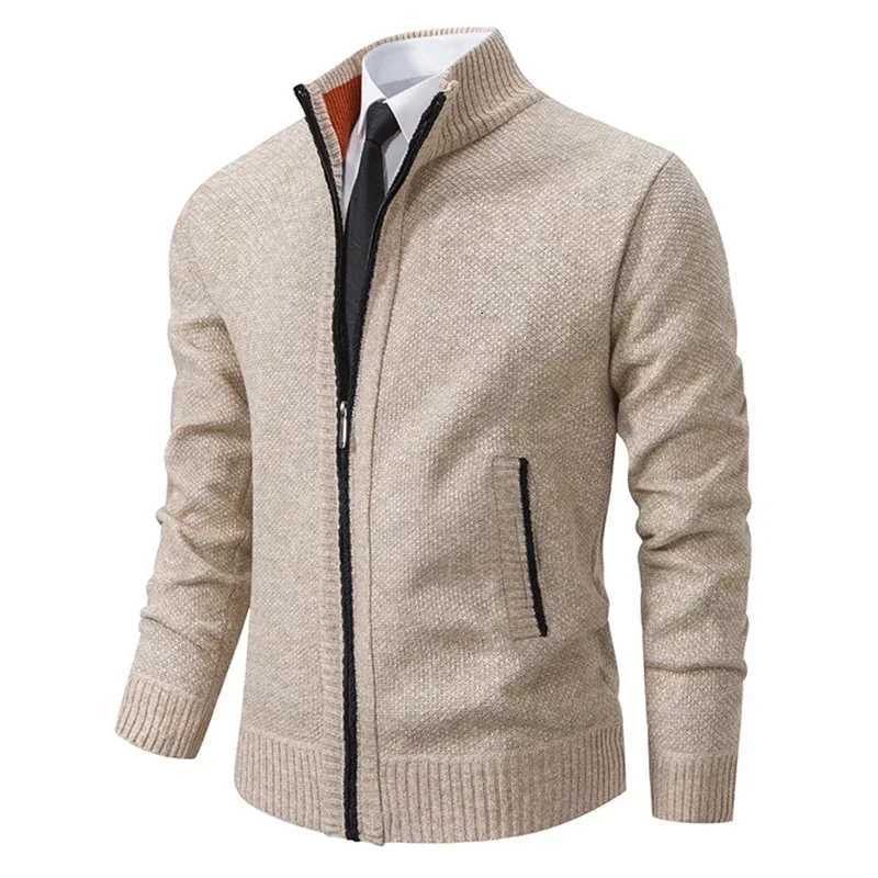 2025 Autumn and Winter New Jersey Mens Casual Sports Coat Solid Color Stand Collar Sweater Grab Fleece Warm Zipper CardiganT251103