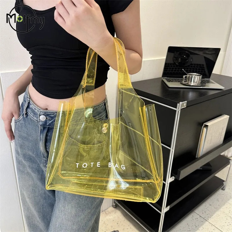 PVC Beach Bag Large Capacity Shoulder Bags Magnetic Closure Clear Grocery Handbag Transparent Waterproof Storage Pouch Tote Bags 250401