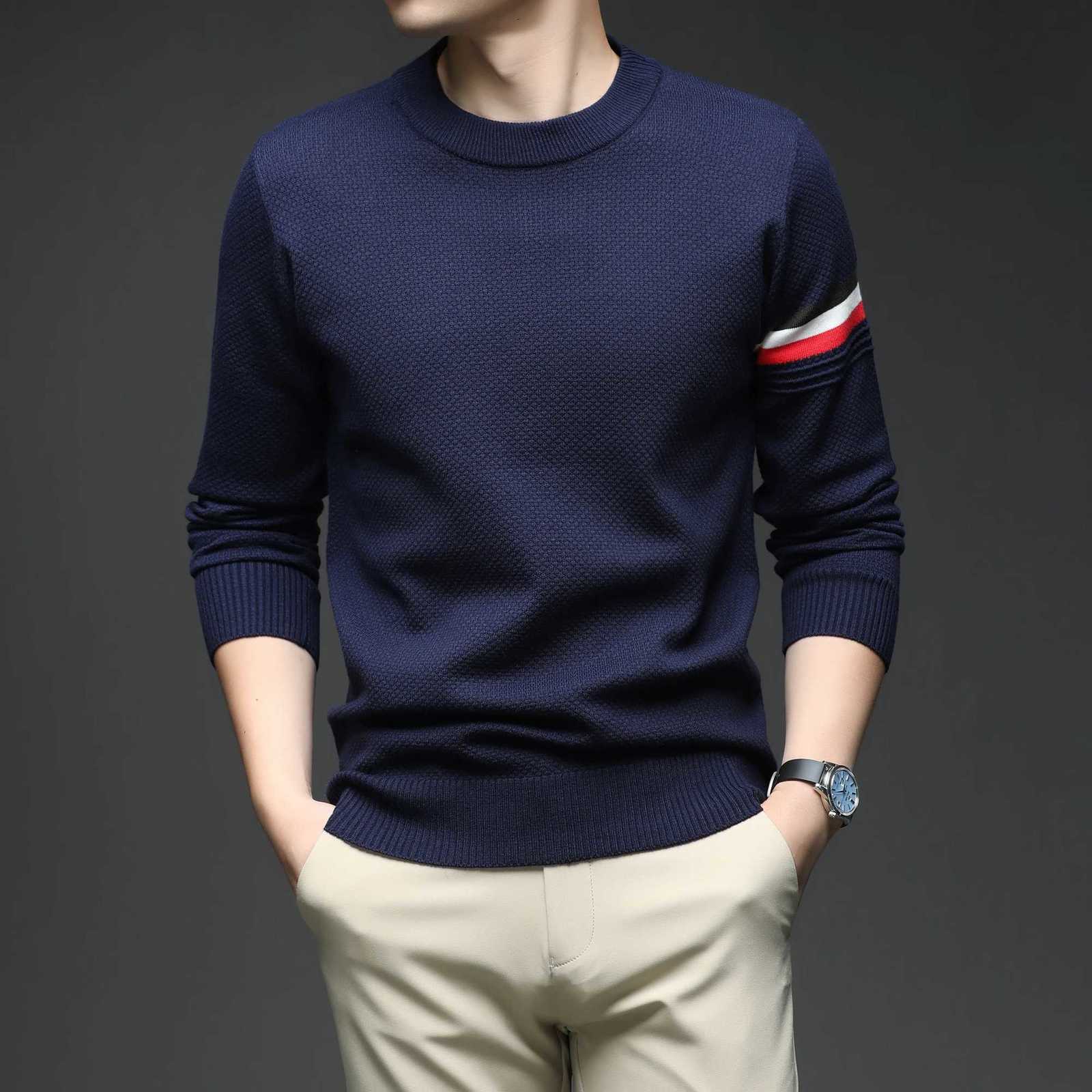 New autumn and winter striped sweater base sweater mens Korean round neck pullover sweatshirt casual knit sweaterT251103