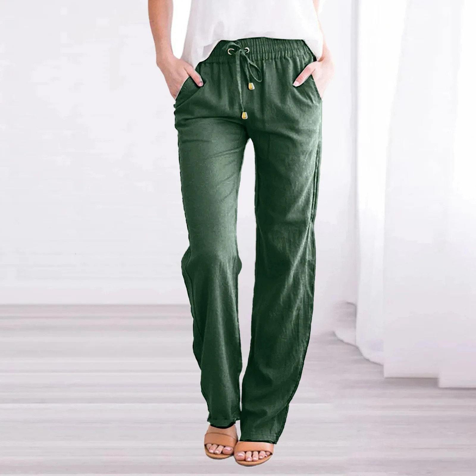Solid Color Spring/Summer Womens Cotton Linen Drawstring Loose Wide Leg Pocket Pants Selling Pants 250402