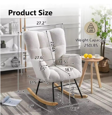 Nursery Rocking Chair Teddy Upholstered Glider Rocker Rocking Accent Chair Padded Seat with High Backrest Armchair Comf