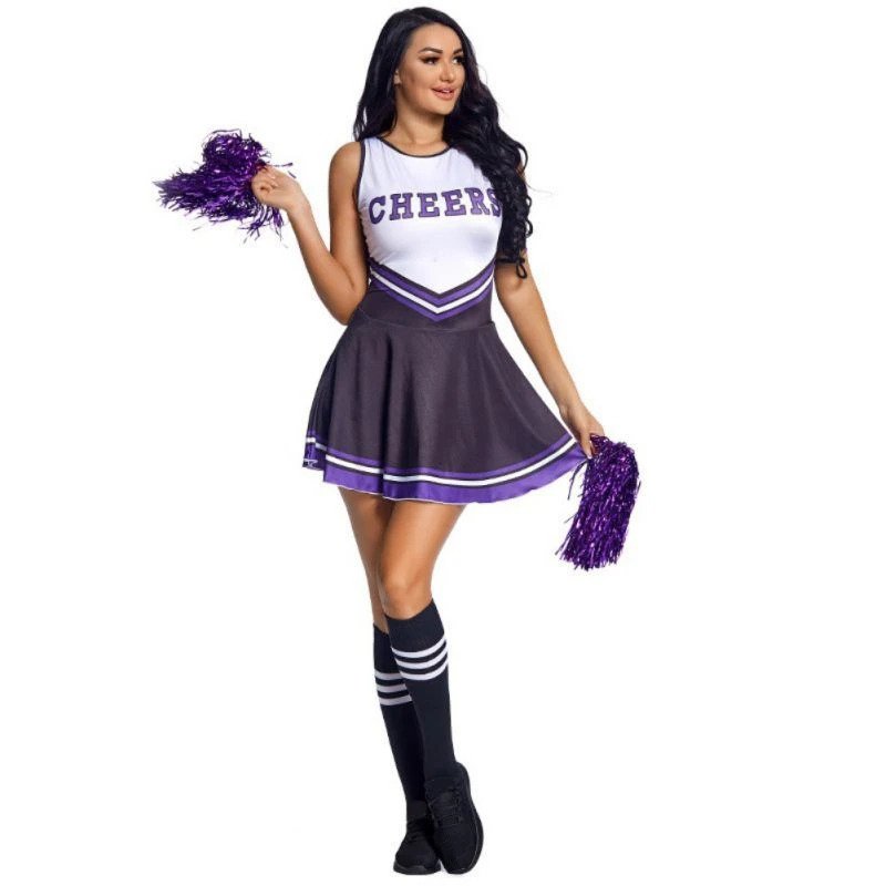 Women Cheerleading Uniform Sleeveless Dance Costume Adults Cheerleader Outfit Round Neckline Letter Print Dress Flower And Socks 250403