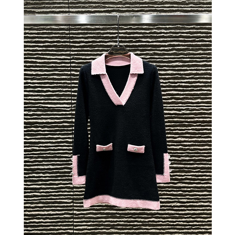 2025 Autumn Winter Women Lapel Pocket knitting Dress Fashion Long Sleeve Elegant Casual High Waist Dresses Shirt Dress