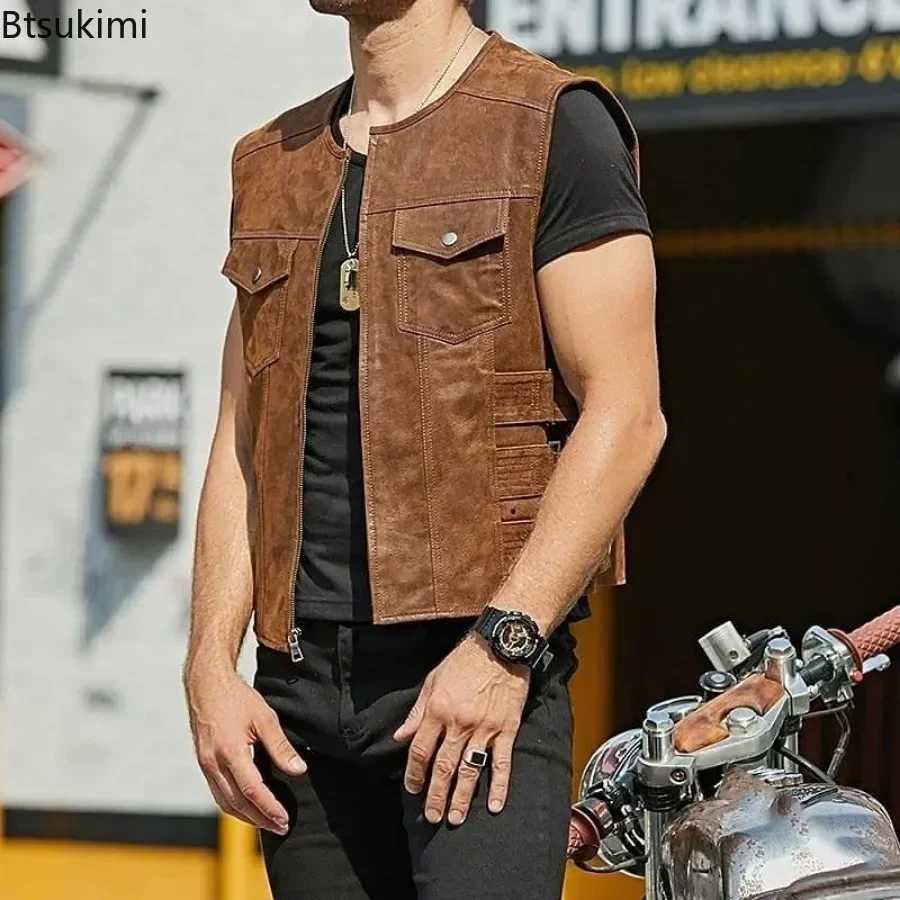 New Arrivals Fashion Mens PU Leather Motorcycle Vest Korean Style Trend Sleeveless O-neck Zip Vest Jacket Handsome Men Clothing X250403