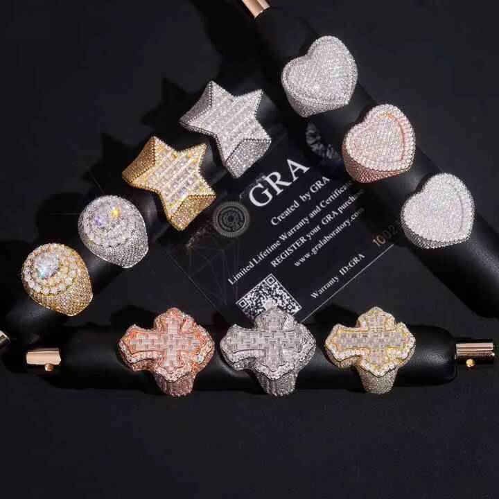 GRA Certified Hip Hop Moissanite Ring Custom Iced Out 6ct for Men 925 Silver Plated Luxury Fashion Design Star Wedding Band