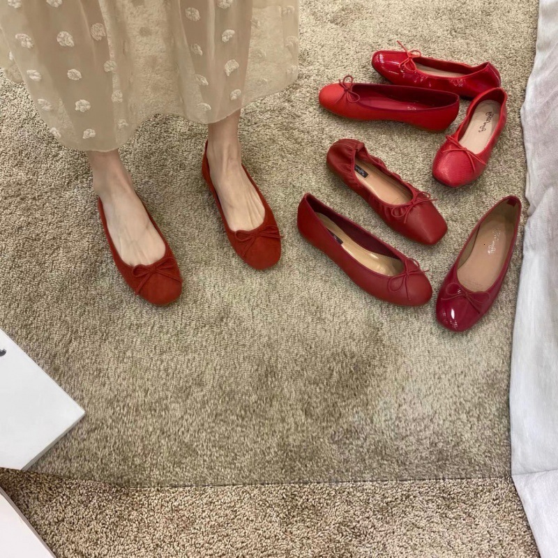 2024 Summer New Fashionable Versatile Butterfly Bow Shallow Mouth Flat Bottom Small Red Single Shoes 241206