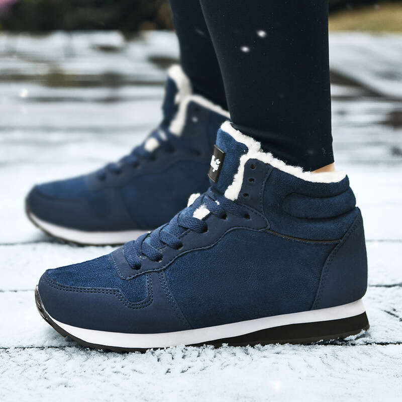 Large size youth outdoor plush warm casual shoes, winter fashion high top lace up sports cotton shoes