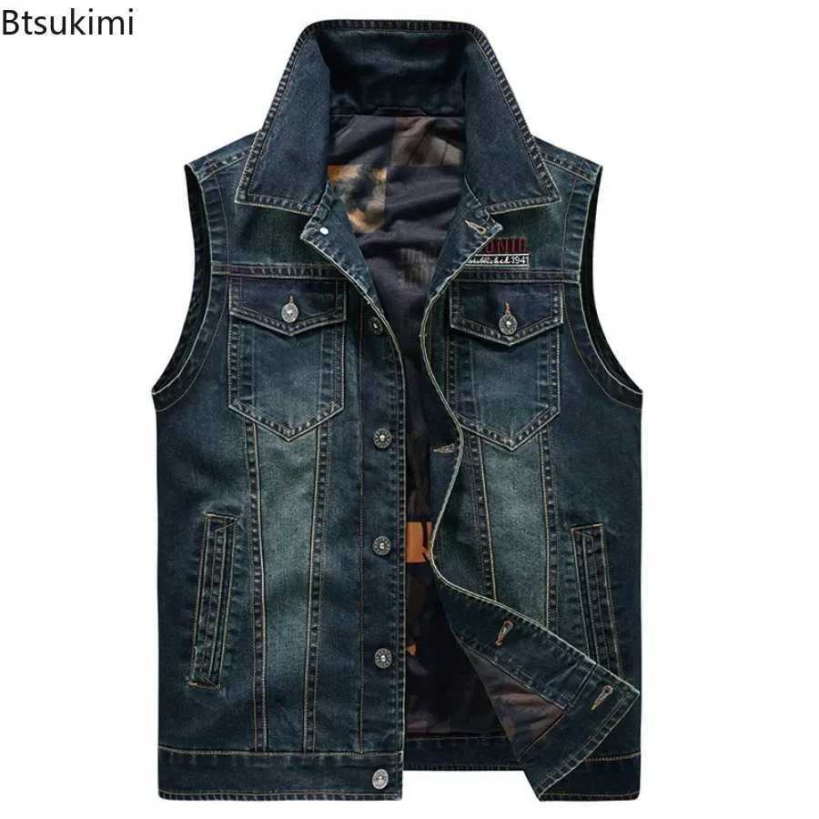 New Mens Denim Vest Fashion Print Hip Hop Cowboy Waistcoat Multi-pocket Casual Motorcycle Style Sleeveless Jeans Jacket for Men X250403