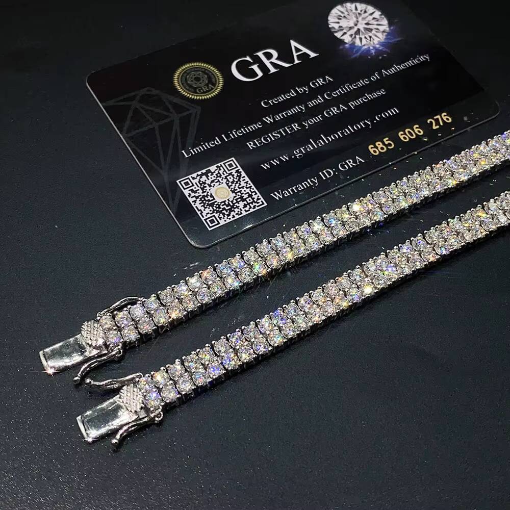 Hip Hop Jewelry 2 Rows Tennis Bracelet Jewellery VVS 3mm Moissanite 925 Sterling Silver Tennis Chain