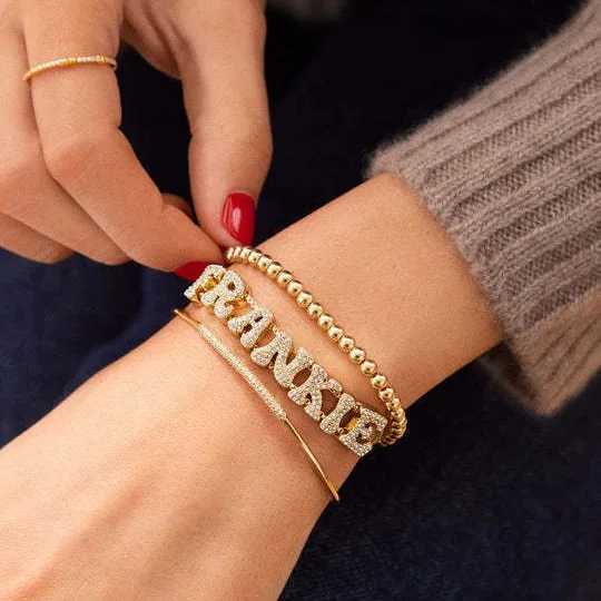 Doremi Fat Bubble Slide Initial Letter Bracelet Full Crystal Letter Womens Name DIY Slide Letter Bracelet Y250329