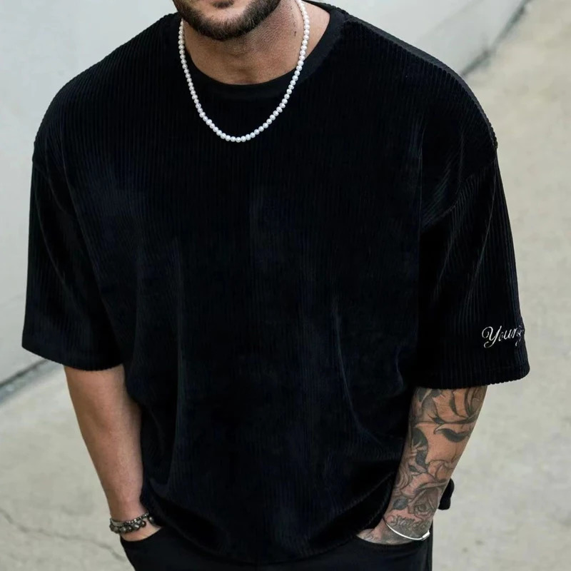 Short sleeved mens streetwear T-shirt fashionable casual loose zipper simple and handsome round neck spring and summer mens clothing 250402