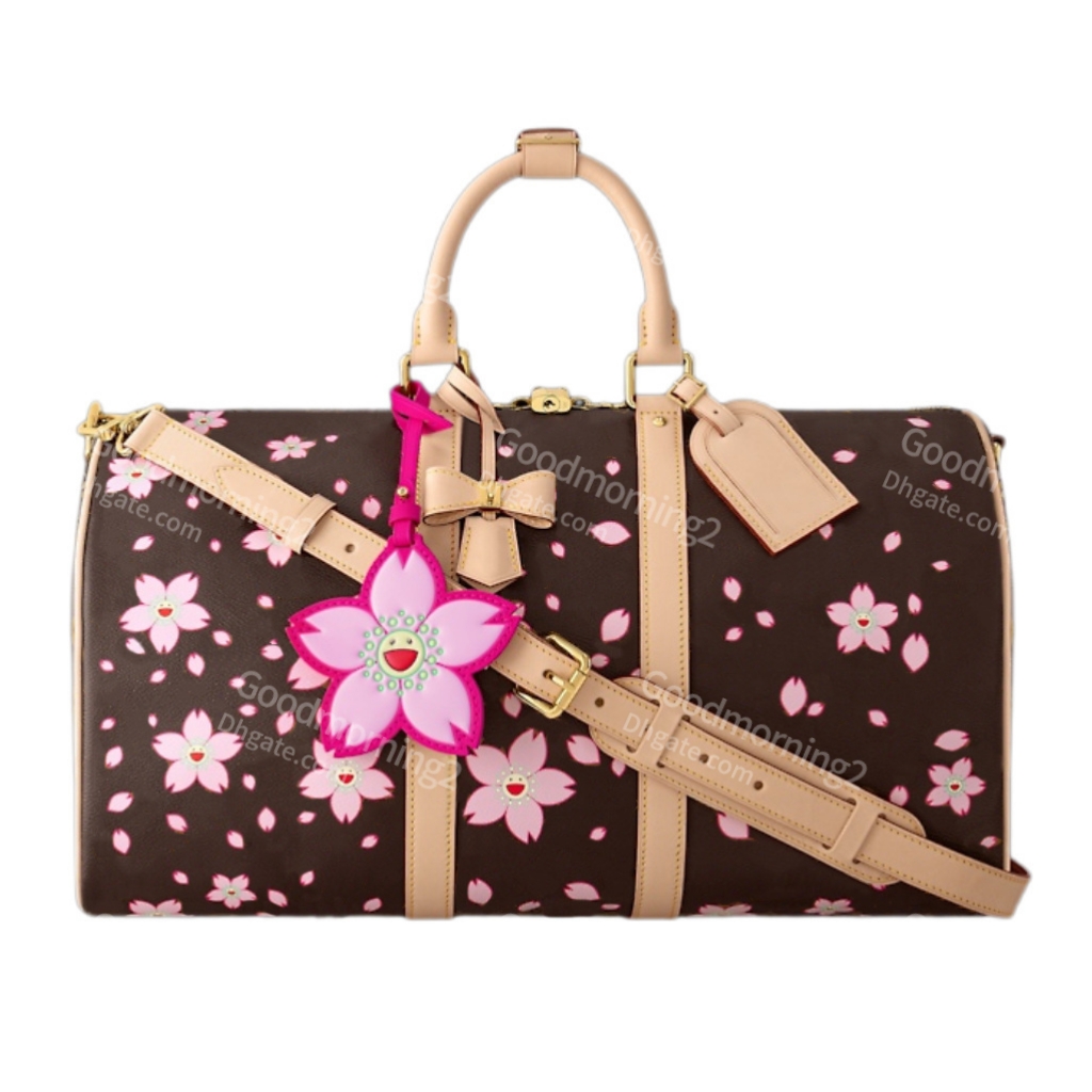 Womens 45cm Travel Bag Designer Weekend Duffle Bag 2025 Takashi Murakami Pink Cherry Blossom Pattern Top quality Leather Luggage Storage Bag Crossbody Handbags