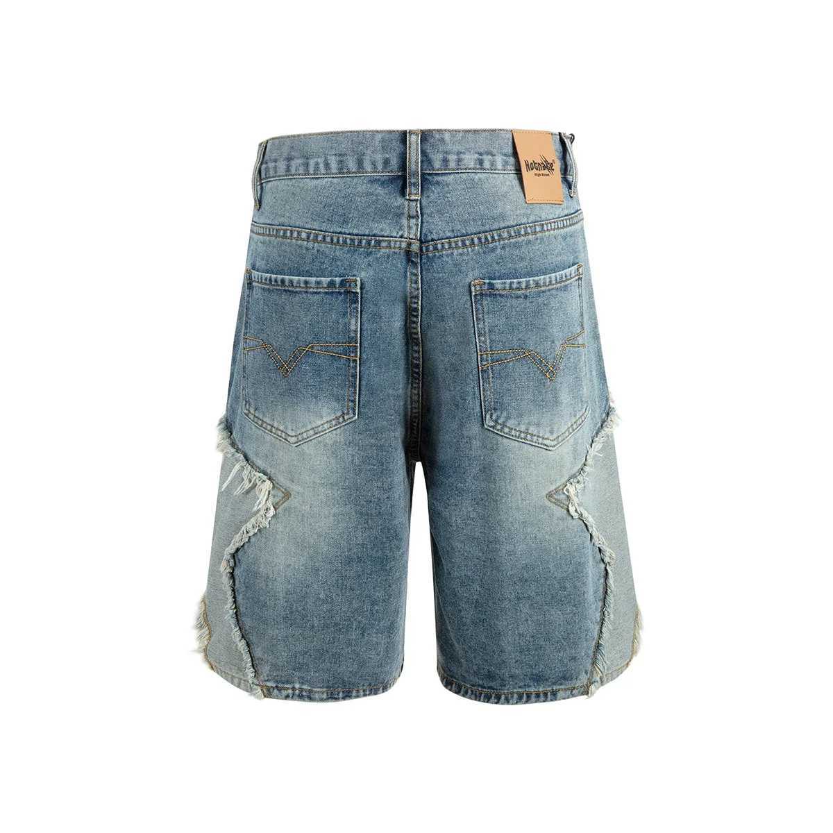 High Strt Washed Stars Patchwork Baggy Jeans Shorts for Men Wide Leg Straight Casual Denim Five Point Pants Oversized X2504031