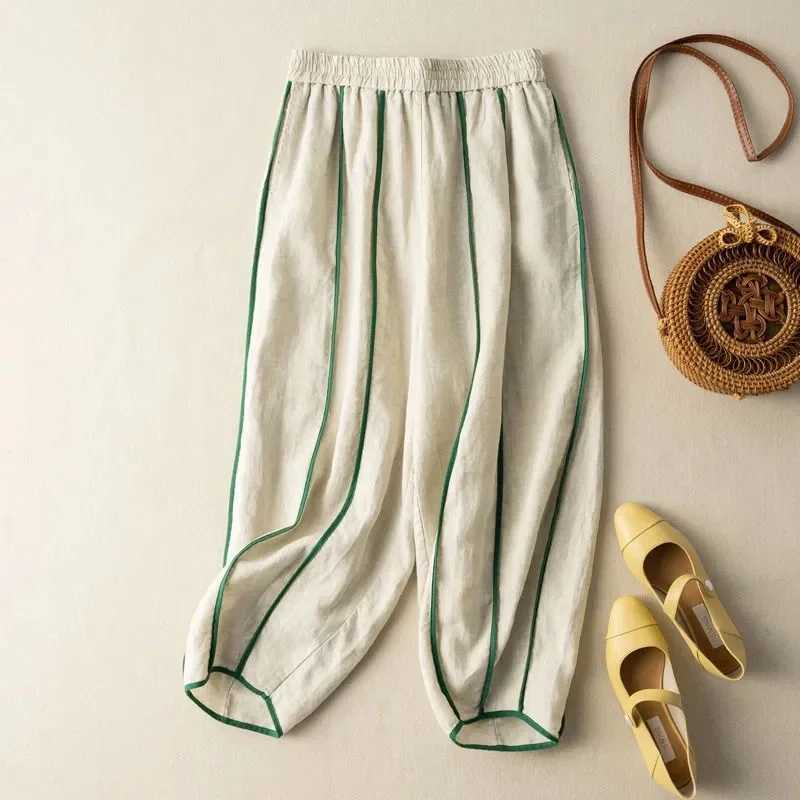 Bright Line Decoration Elastic High Waist Bloomers loose wide leg womens pants Korean fashion ankle length womens pants 2025XJ250403