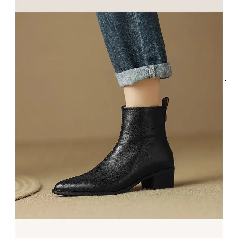 Womens Ankle Boots Minimalist Pointed Toe Mid Heel Booties with Soft Leather Side Zipper Slimming Fashion Boots 251030