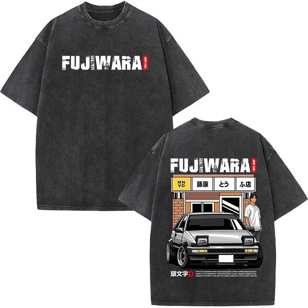 Anime Initial D AE86 Drift Akagi RedSuns Vintage Washed T Shirt Takumi Fujiwara R34 Skyline GTR JDM Race Car Oversized T-shirts X250403