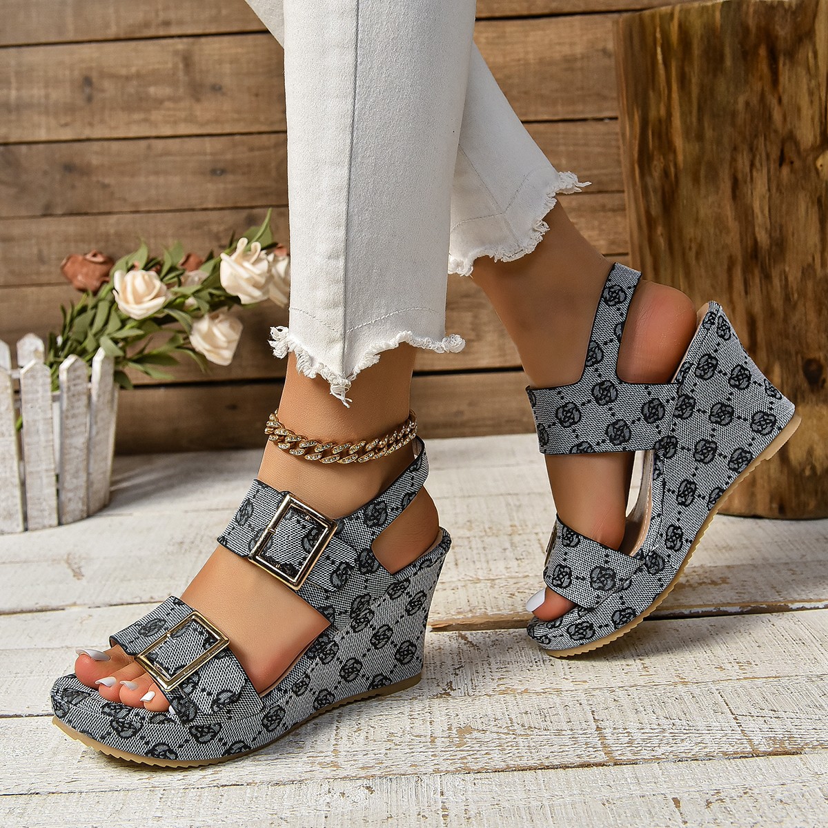 New summer style round toe wedge heel sandals with one-word buckle strap printed colorful sandals foreign trade large size medium heel Roman sandals