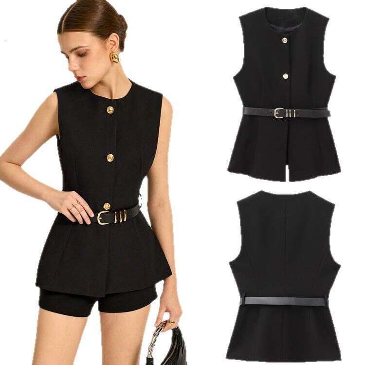 Cross-Border SHEIN Spring New Fashion European And American Style Round Neck Sleeveless Belted Vest Women's Top 1657 f9b1 a655